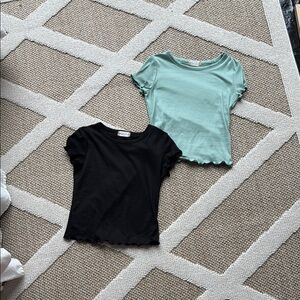 Altar’d State Black and Green Basic Ruffle Hem Tops